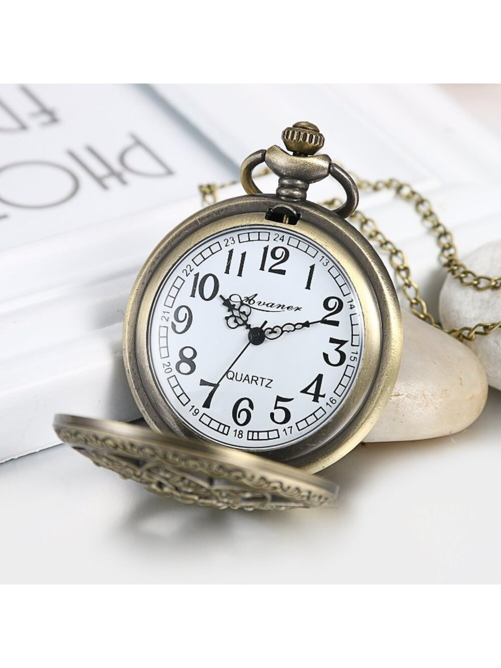 Women's White Quartz Antique Bronze Retro Hollow Rose Flowers Round Pocket Watch - Picture 2 of 6